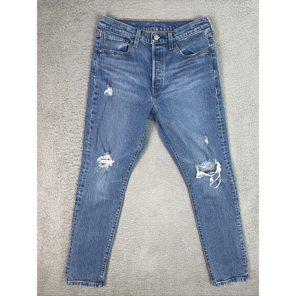 Levis 501 S Distressed Jeans Women 29x28 Blue Medium Wash Button Fly EUC - Picture 1 of 9